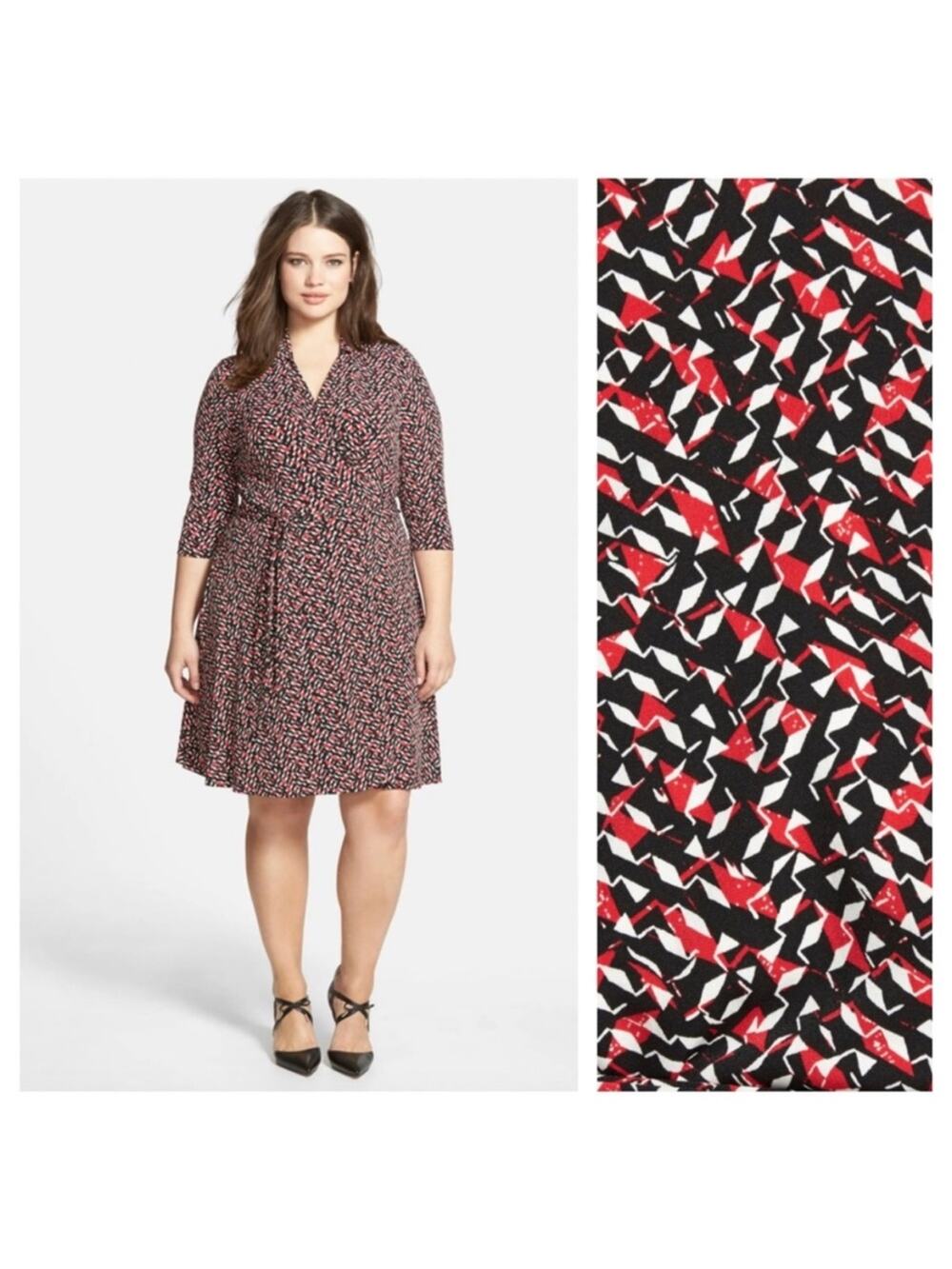 Vince Camuto plus red black white geometric print faux wrap dress 3/4 sleeve